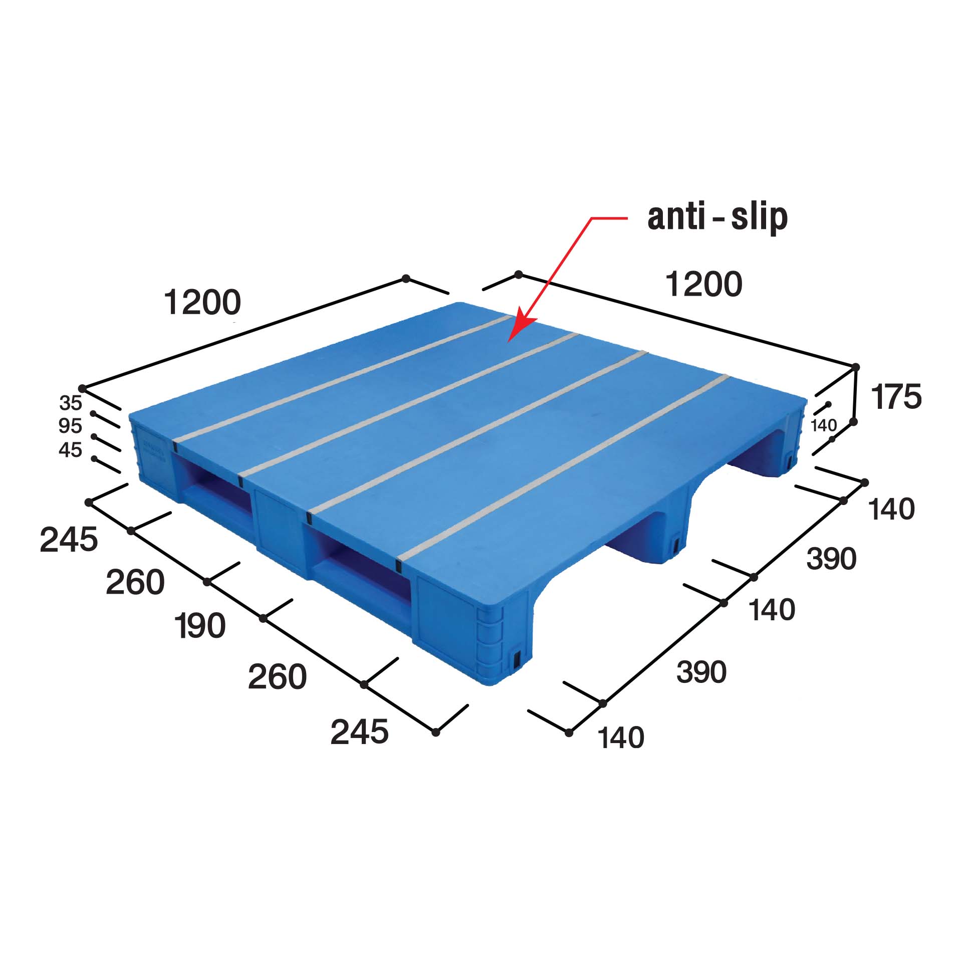 Hygiene Series พาเลทพลาสติกควบคุมการปนเปื้อน EN4-1212FASM (Anti-Slip, Steel Reinforced) 