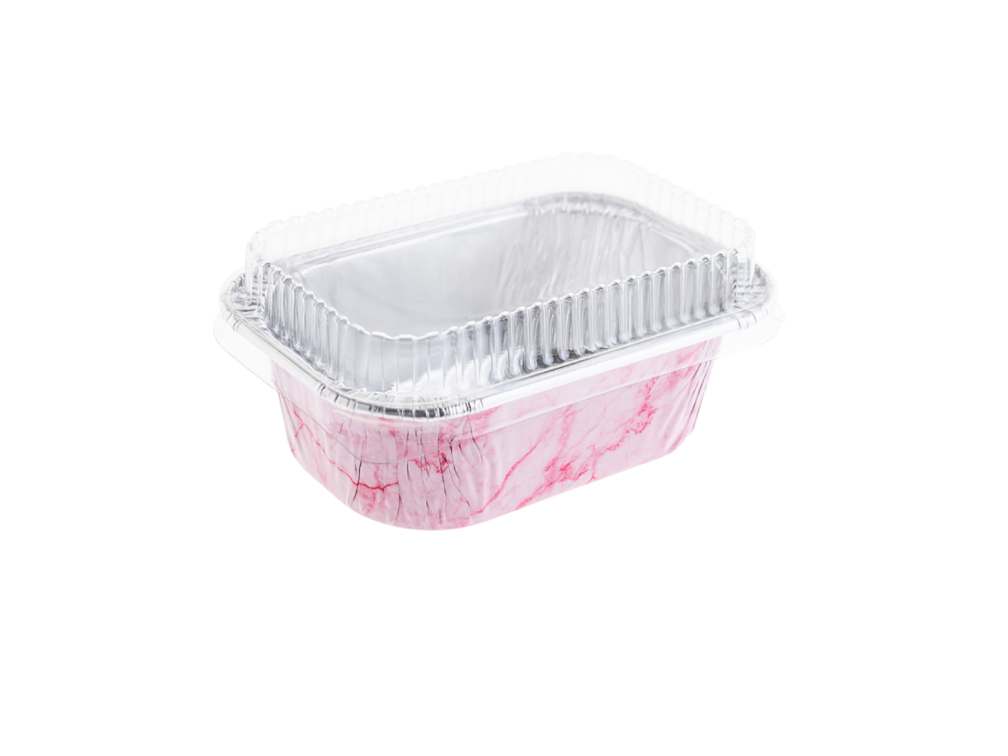 ถ้วยฟอยล์ ทรงเหลี่ยม สีชมพูลายหินอ่อน พร้อมฝา No.4003 (10 ชุด/แพ็ค)