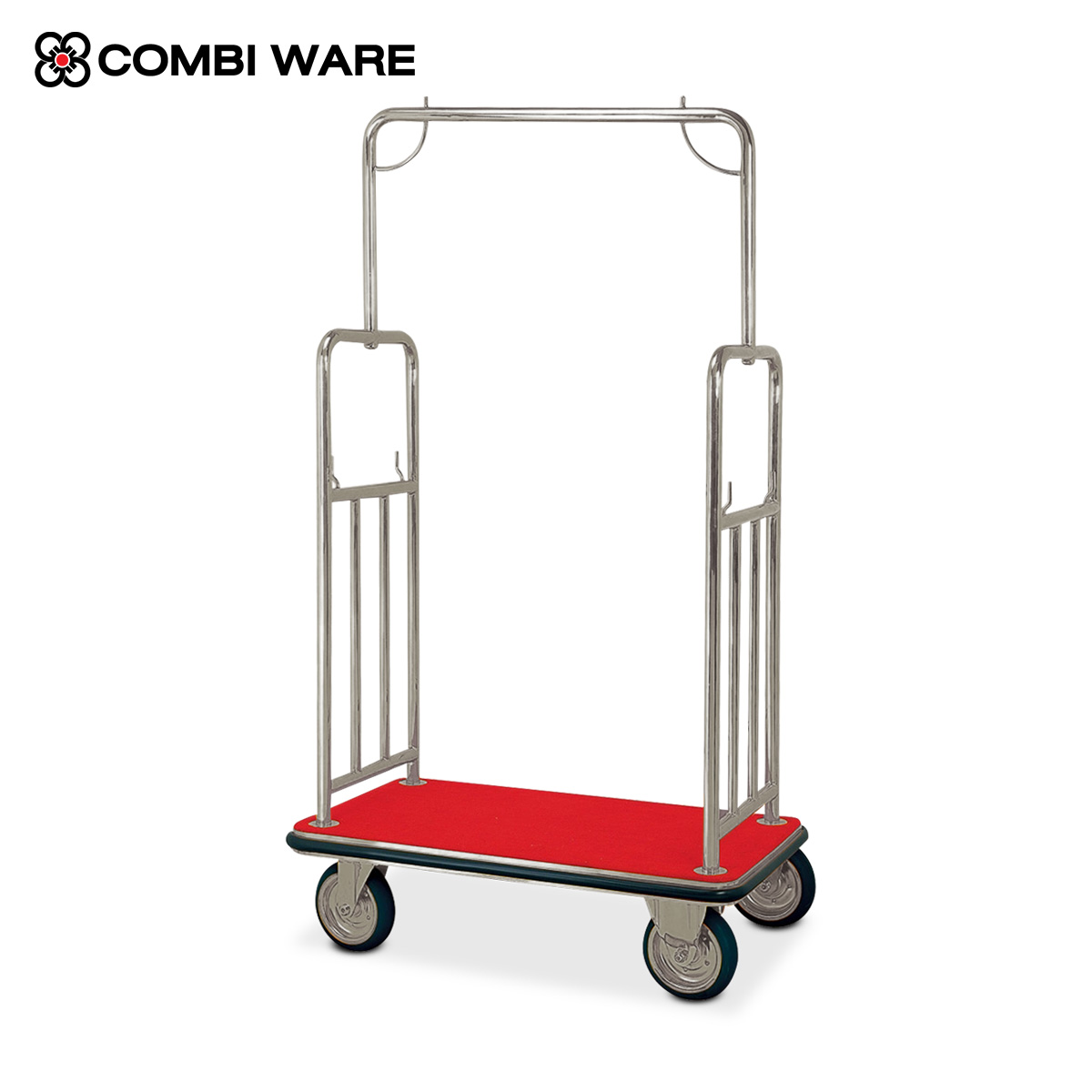 รถเข็นเก็บกระเป๋า 4 ล้อ Baggage Trolley โครงสแตนเลส พรมแดง