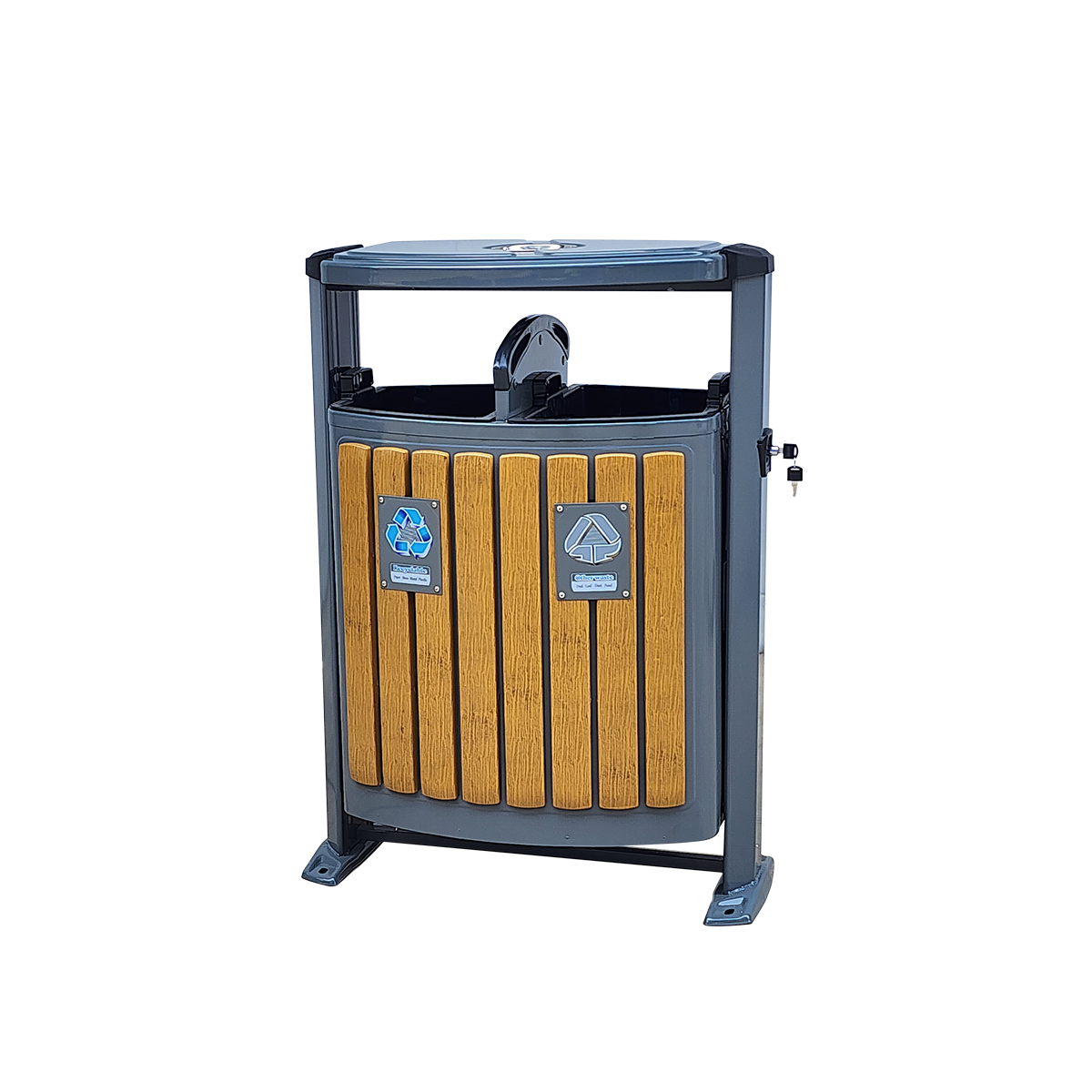 ถังขยะแยกประเภท 2 ช่องทิ้ง พร้อมที่เขี่ยบุหรี่ สำหรับภายนอกอาคาร 